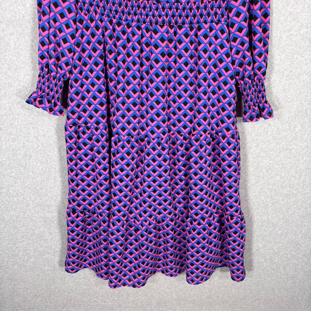 Pretty Garden Tiered Midi Dress XL Pink‎ Blue Geometric Smocked Retro Maximalist - Picture 3 of 13